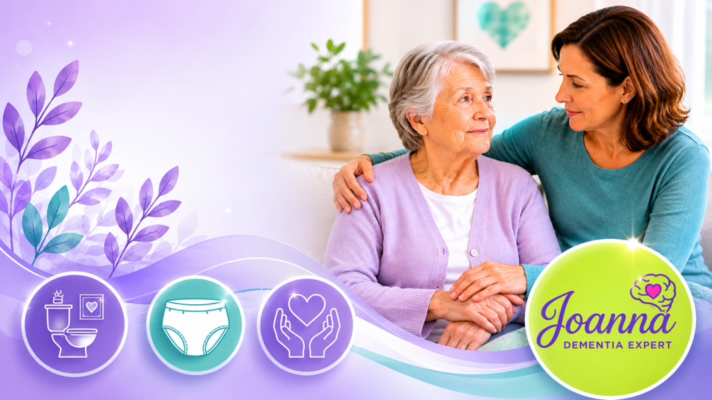 Adult daughter caregiver sitting close to her older mother, both looking peaceful, with soft purple watercolor accents and Joanna Dementia Expert branding