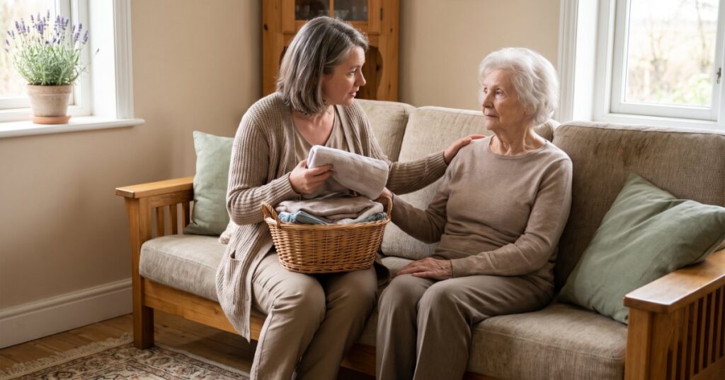 Daughter sitting close and talking to her mother when dementia stops speaking