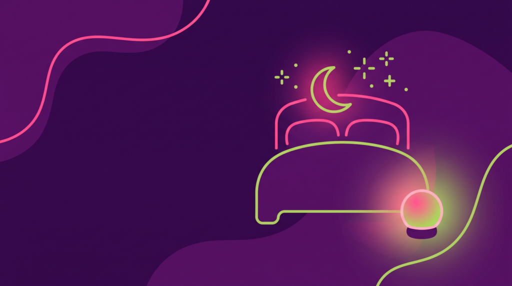 Flat purple illustration of a peaceful nighttime caregiving scene in hot pink and lime green